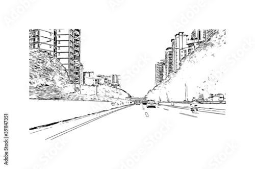 Building view with landmark of Chongqing is a sprawling municipality in southwestern China. Hand drawn sketch illustration in vector.