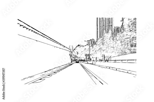 Building view with landmark of Chongqing is a sprawling municipality in southwestern China. Hand drawn sketch illustration in vector.