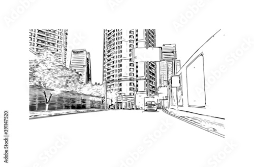Building view with landmark of Chongqing is a sprawling municipality in southwestern China. Hand drawn sketch illustration in vector.
