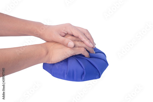 Man's hand holding ice pack bag to compresses to reduce pain, swelling, isolated on white background.