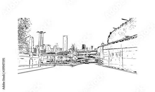 Building view with landmark of Chongqing is a sprawling municipality in southwestern China. Hand drawn sketch illustration in vector.