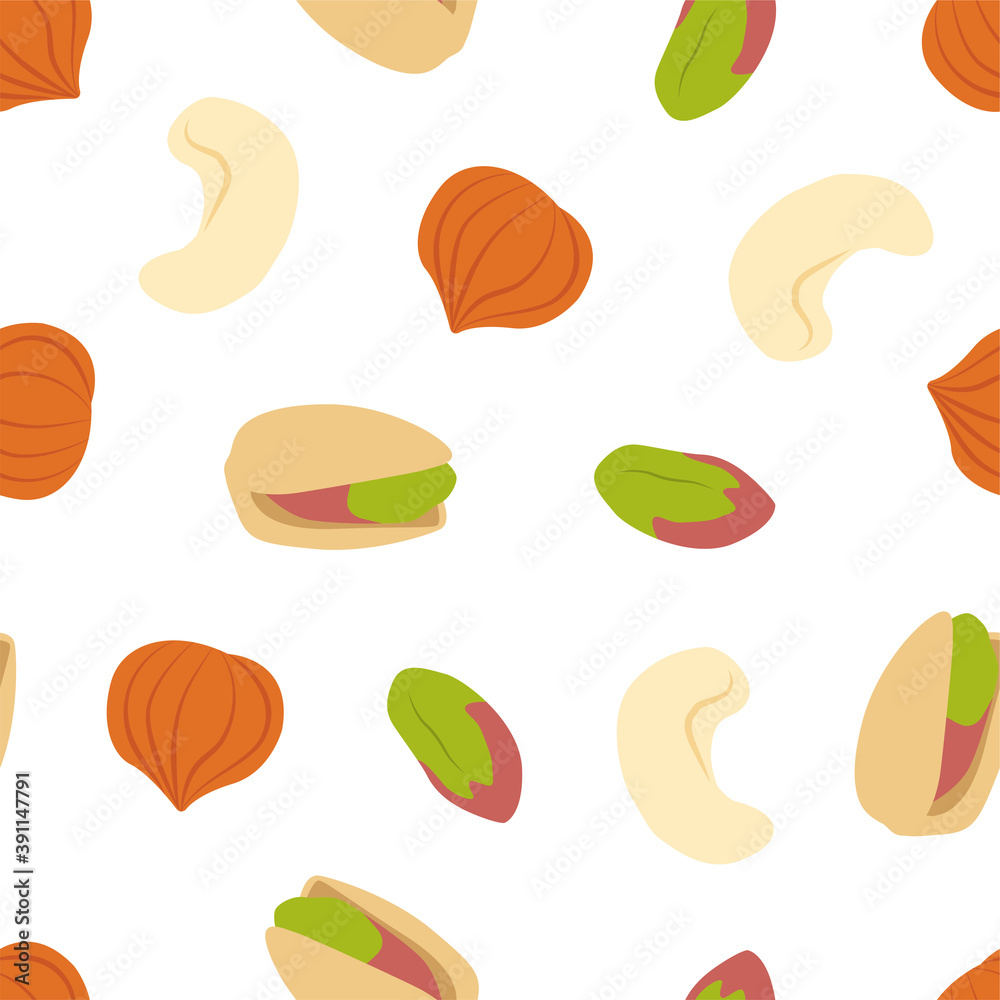 Pistachio, Hazelnut and Cashew. Vector pattern 