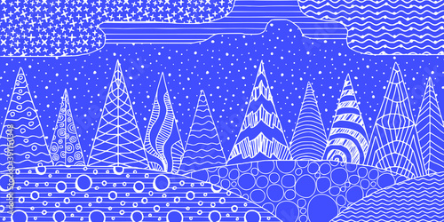 Abstract vector illustration. Stylization of a winter landscape: snowdrifts, trees, sky. Original textures.	
