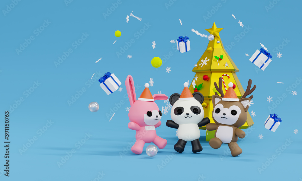 3d rendering animal jump and happy with four giftboxs and snowflake. theme Merry christmas and happy new year. 3d rendering animal jump and happy with four giftboxs and snowflake. theme Merry christmas and happy new year.