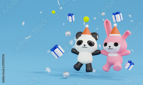 3d rendering animal jump and happy with four giftboxs and snowflake. theme Merry christmas and happy new year. © TogsDesign