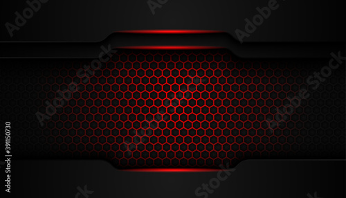 abstract red shape hexagon on dark background. Glowing red line with hexagon background