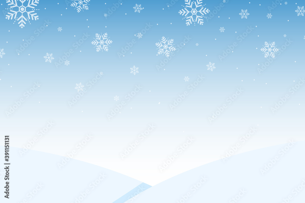Winter vector background, falling snow and covering all over the area, copy space for design, use as wallpaper or greeting card, for Christmas and New Year.