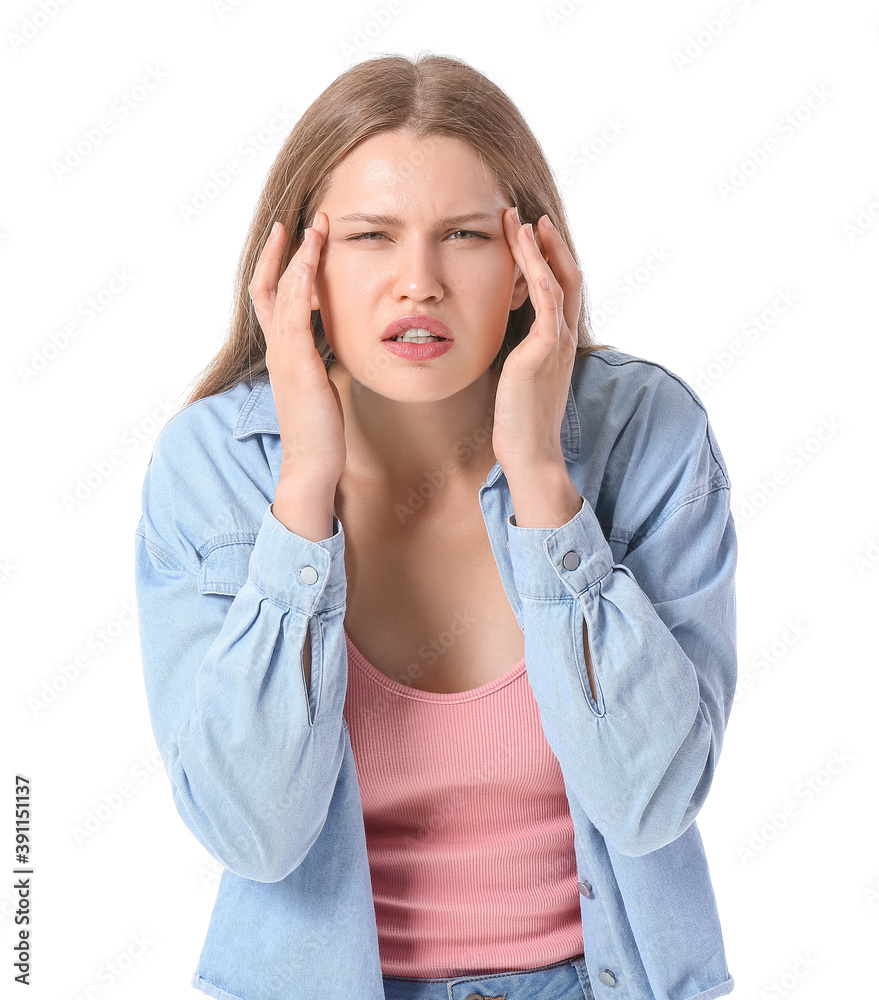 Woman with problem of poor eyesight on white background. Diabetes symptoms Woman with problem of poor eyesight on white background. Diabetes symptoms