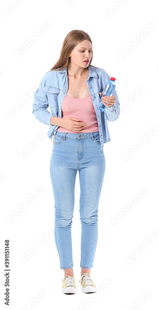 Woman with problem of excessive thirst on white background. Diabetes symptoms