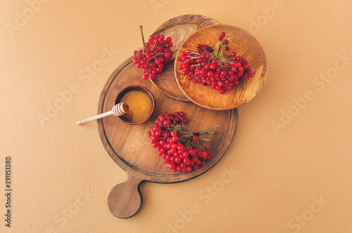 Board with fresh viburnum berries and honey on color background photo