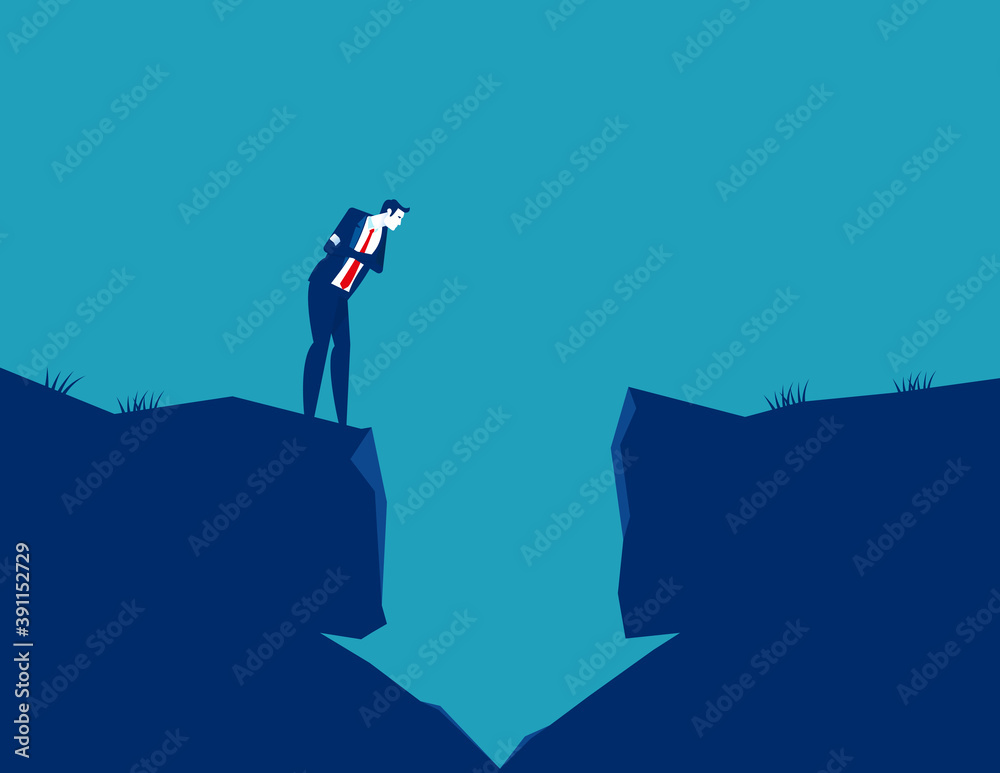 Businessman looking into a hole in the arrow shape. The falling arrow