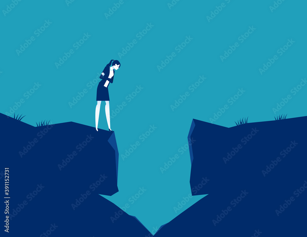 Businesswoman looking into a hole in the arrow shape. The falling arrow