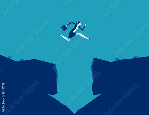 Businesswoman jumping crossing a cliff with downward arrow shaped