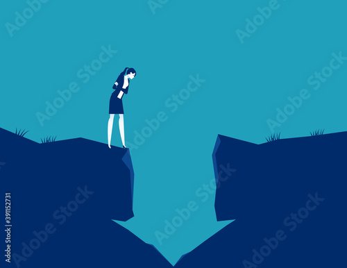 Businesswoman looking into a hole in the arrow shape. The falling arrow