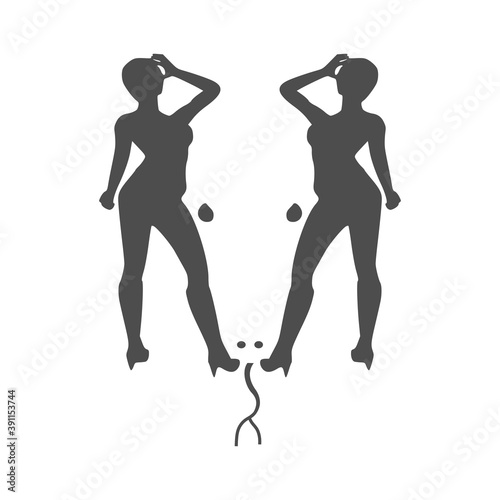 Optical illusion. Two beautiful women make silhouette of lizard head