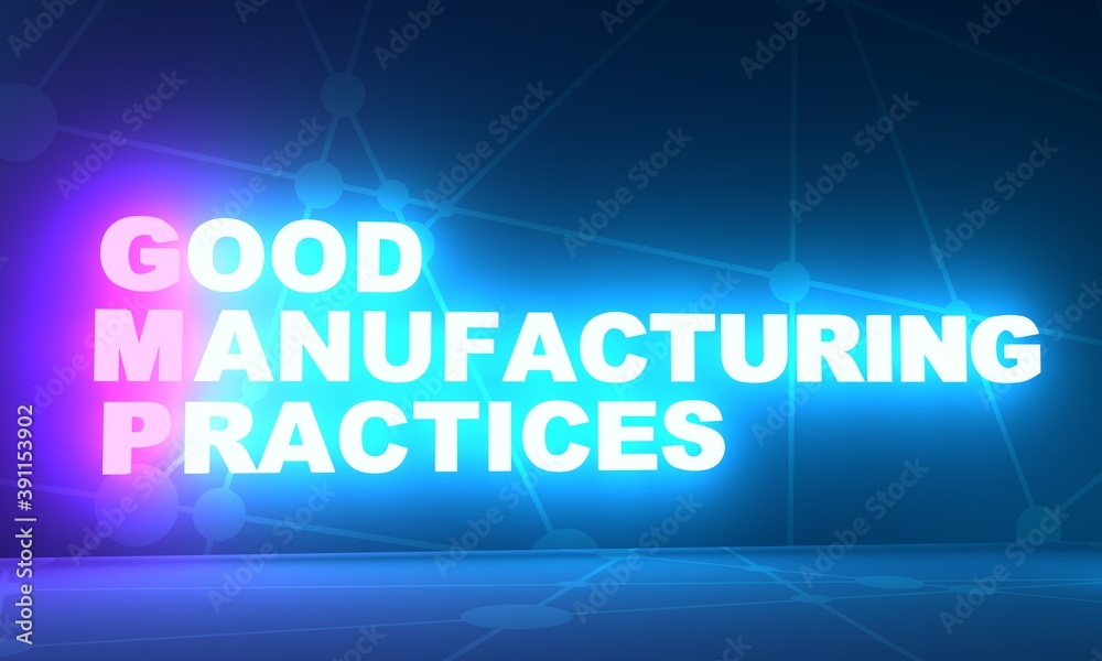 GMP - Good Manufacturing Practices acronym. Business concept background. 3D rendering. Neon bulb illumination