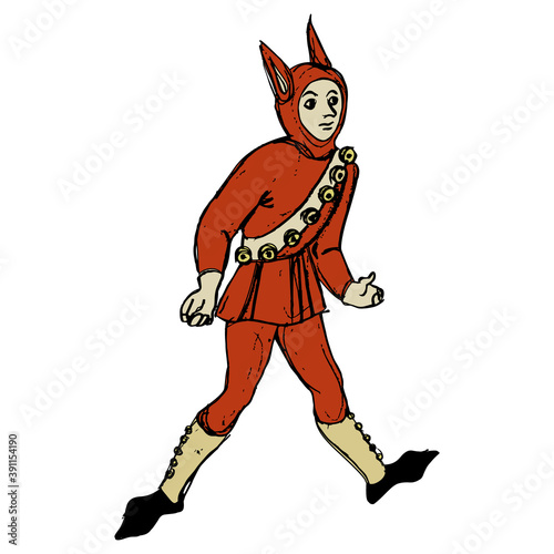 Funny medieval man in jester carnival costume. Hand drawn sketch.