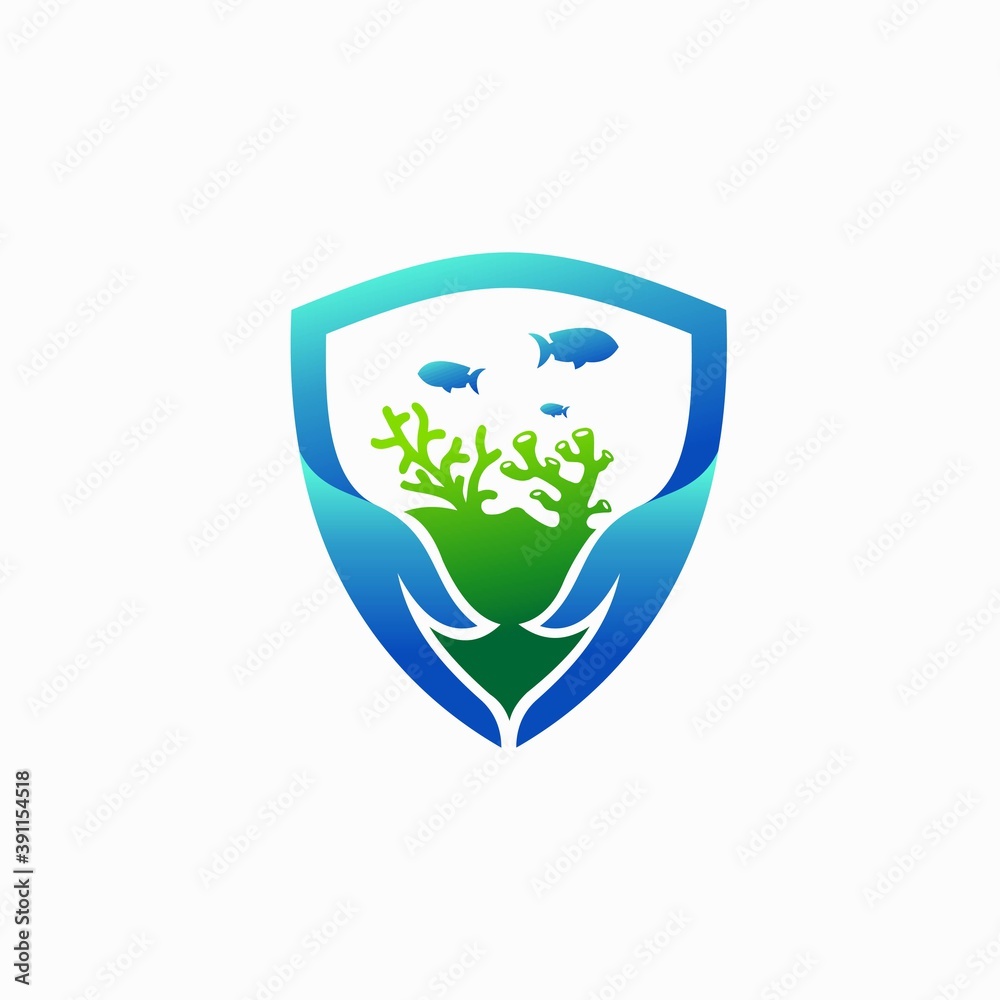 hand holding green coral with shield hand holding green coral with shield