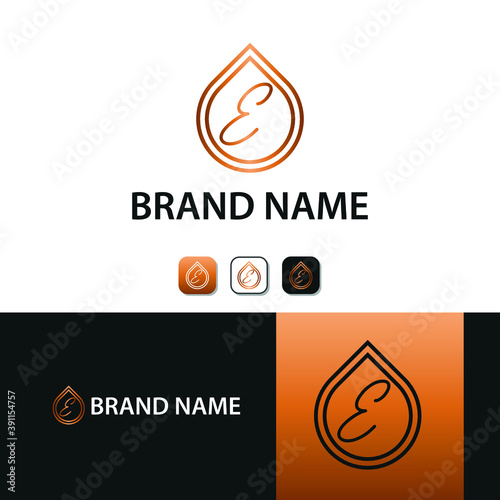 Elegant luxury initial E letter for cosmetic, make up, hotel, boutique business logo concept with golden line art liquid or water drop icon
