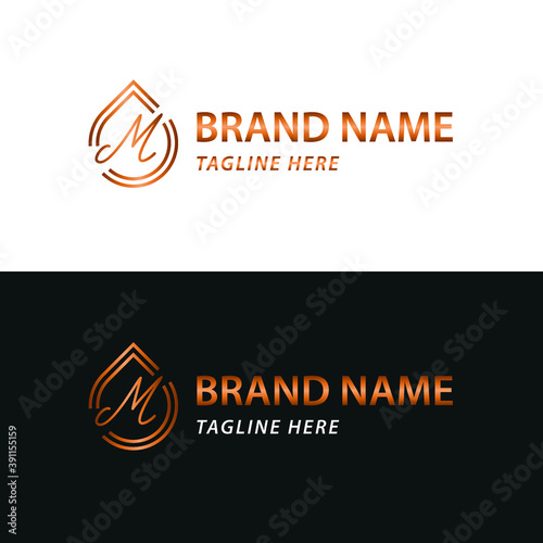 Elegant luxury initial M letter for cosmetic, make up, hotel, boutique business logo concept with golden line art liquid or water drop icon