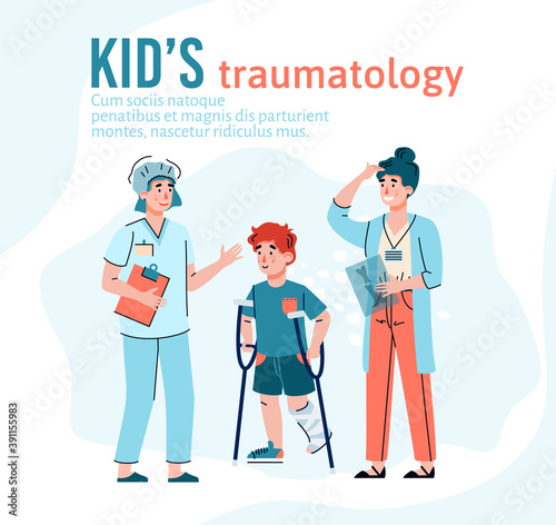Kids traumatology clinic web banner template with characters of doctors and injured child, flat cartoon vector illustration. Boy with leg injury visit pediatrician.