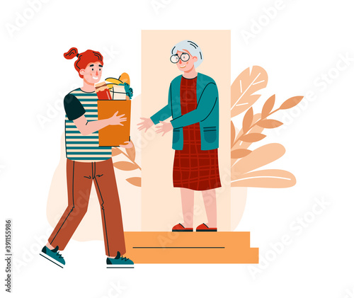 To door delivery for elderly people with volunteer man bringing grocery bag for senior woman. Man helping and supporting old aged lady, flat cartoon vector illustration.