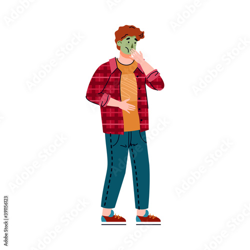 Man feels nauseous and has an unhealthy complexion, flat cartoon vector illustration isolated on white background. Food poisoning and alcohol intoxication symptoms. photo