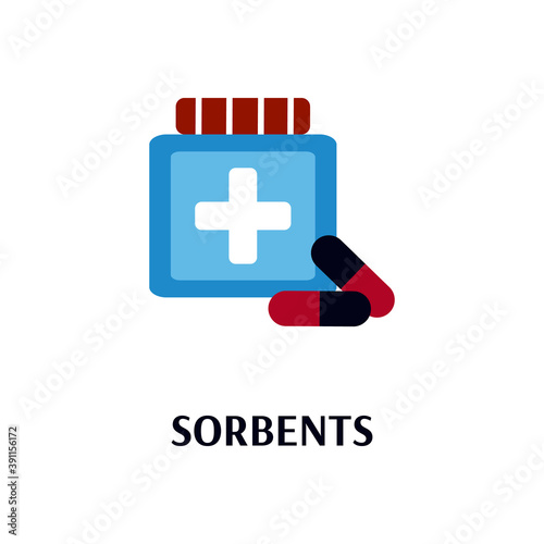 Bottle with sorbents pills for allergy or food poisoning treat, flat vector illustration isolated on white background. Medicaments bottle and encapsulated drugs.