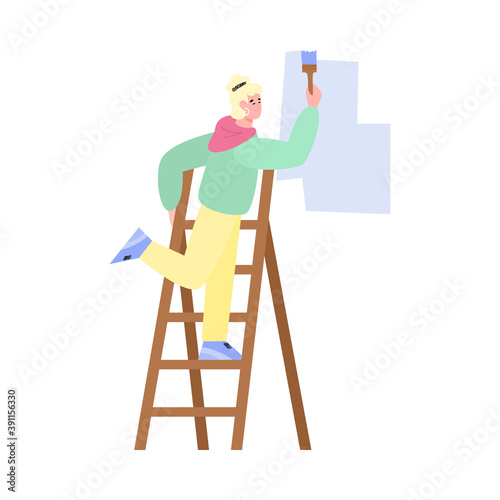 Craftsman master paints the wall with a brush, standing on a folding ladder, flat cartoon vector illustration isolated on white background. Painter or decorator working.