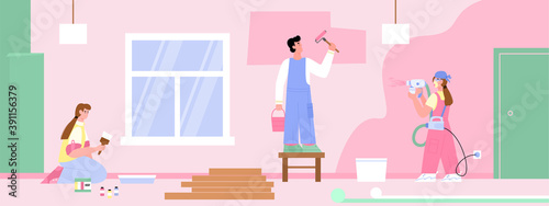 Brigade of painters painting walls in room, flat cartoon vector illustration. Promo banner for coloring works of renewal service, design and painting of premises.