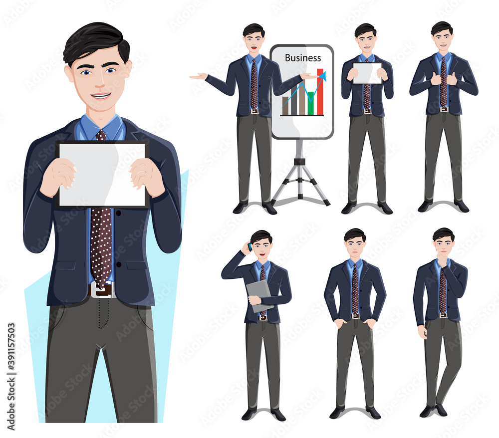 Businessman characters vector set. Business man male character in standing pose and gestures for sales demo presentation collection design. Vector illustration
Businessman characters vector set. Business man male character in standing pose and gestures for sales demo presentation collection design. Vector illustration