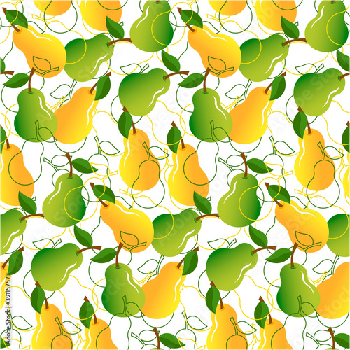Pattern with green and yellow pears. Vector illustration isolated on white background. For packaging, scrapbooking, fabric and decoration.