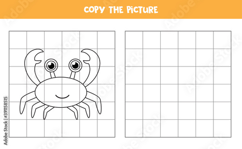 Copy the picture. Cute cartoon crab. Logical game for kids.