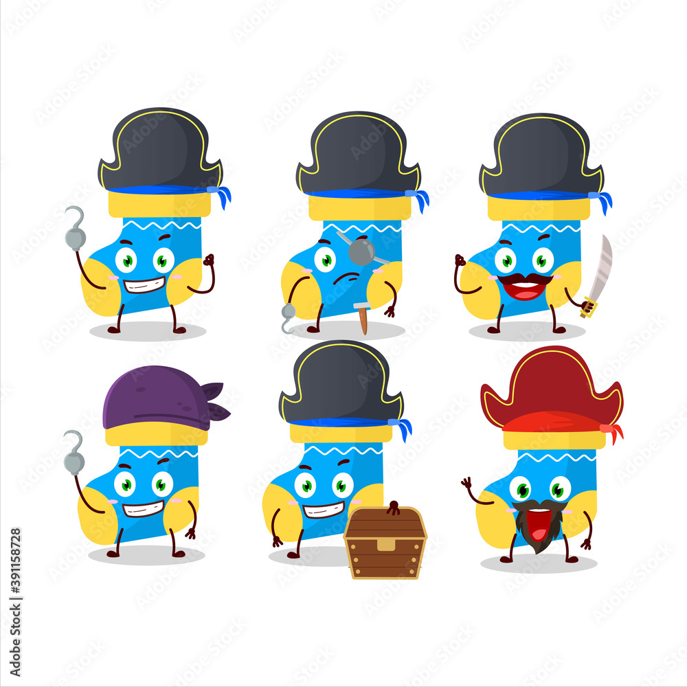 Cartoon character of baby blue socks with various pirates emoticons Cartoon character of baby blue socks with various pirates emoticons