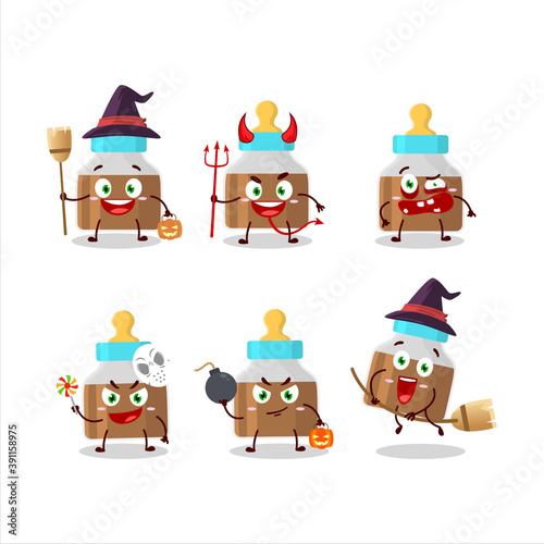 Halloween expression emoticons with cartoon character of baby pacifier with choco milk