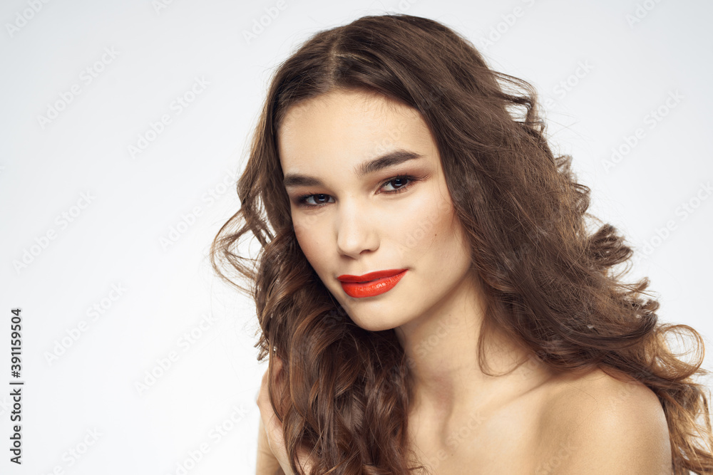Elegant woman with bare shoulders red lips glamor attractive look cropped look Elegant woman with bare shoulders red lips glamor attractive look cropped look