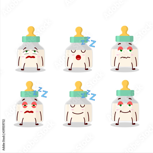 Cartoon character of baby pacifier with white milk with sleepy expression