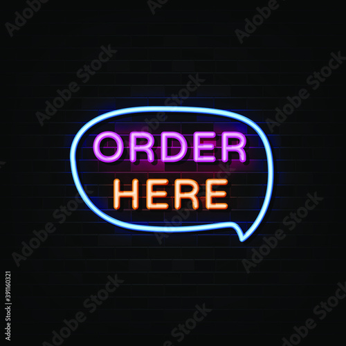 Order here neon signs vector. Design template neon sign