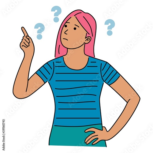 Girl doubts, thinks why. Woman with question mark. White isolated vector illustration
