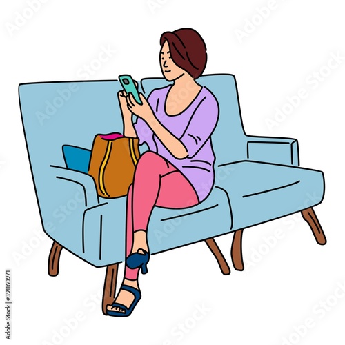 Woman sitting on a sofa with a smartphone. Communicates in social networks or buys online. Vector isolated illustration