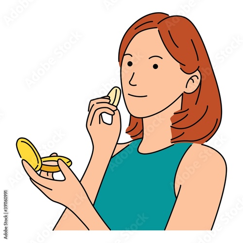 Vector illustration of beautiful smiling woman make up her face with blush and brush and enjoying. Vector illustration isolated on white background