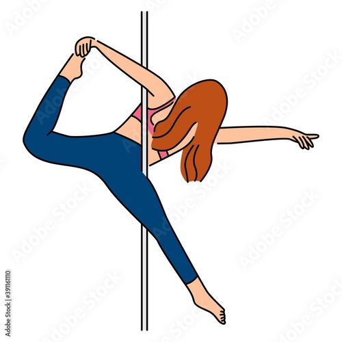 Vector illustration of Woman pole dancer dancing poses on pole. Isolated on white background