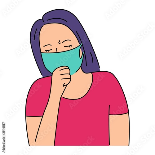 Vector illustration of woman coughing with a mask. Isolated on white background