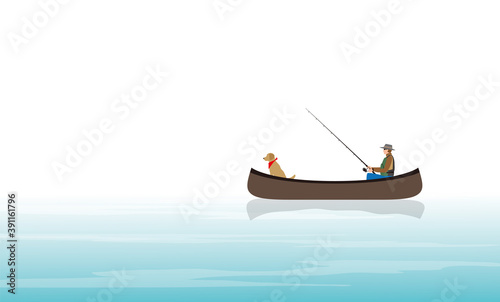 カヌーで釣りをする男性と犬