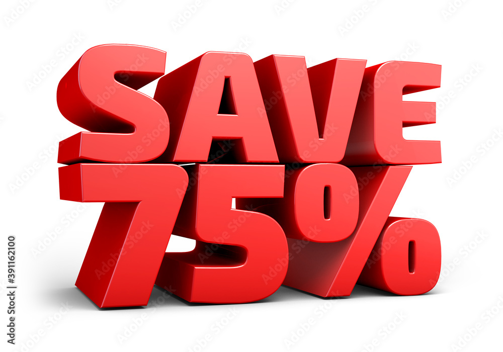 Red text, save 75% isolated on white background discount. 75 percent. Sales concept. 3d illustration.
Red text, save 75% isolated on white background discount. 75 percent. Sales concept. 3d illustration.