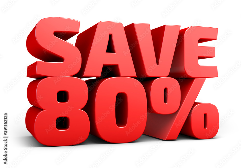 Red text, save 80% isolated on white background discount. 80 percent. Sales concept. 3d illustration.
Red text, save 80% isolated on white background discount. 80 percent. Sales concept. 3d illustration.