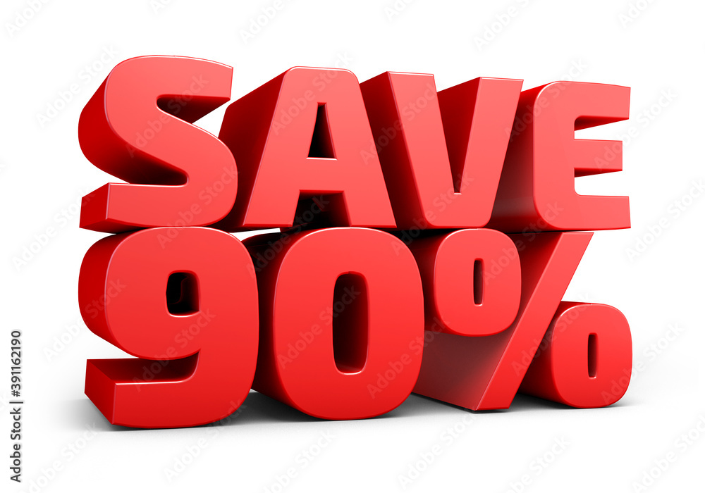 Red text, save 90% isolated on white background discount. 90 percent. Sales concept. 3d illustration.
Red text, save 90% isolated on white background discount. 90 percent. Sales concept. 3d illustration.