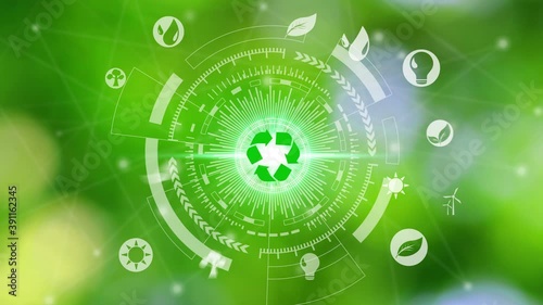 environment icons over the Network connection on nature background, Technology ecology concept. Hand holding and protection with environment icons over the Network connection on nature background
