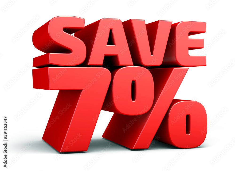 Red text, save 7% isolated on white background discount. 7 percent. Sales concept. 3d illustration. Red text, save 7% isolated on white background discount. 7 percent. Sales concept. 3d illustration.