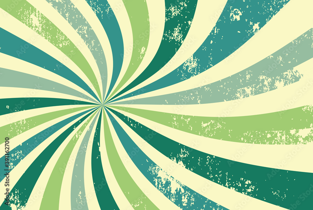 retro groovy sunburst background pattern in 60s hippy style grunge textured vintage color palette of blue and green in spiral or swirled radial striped starburst vector design